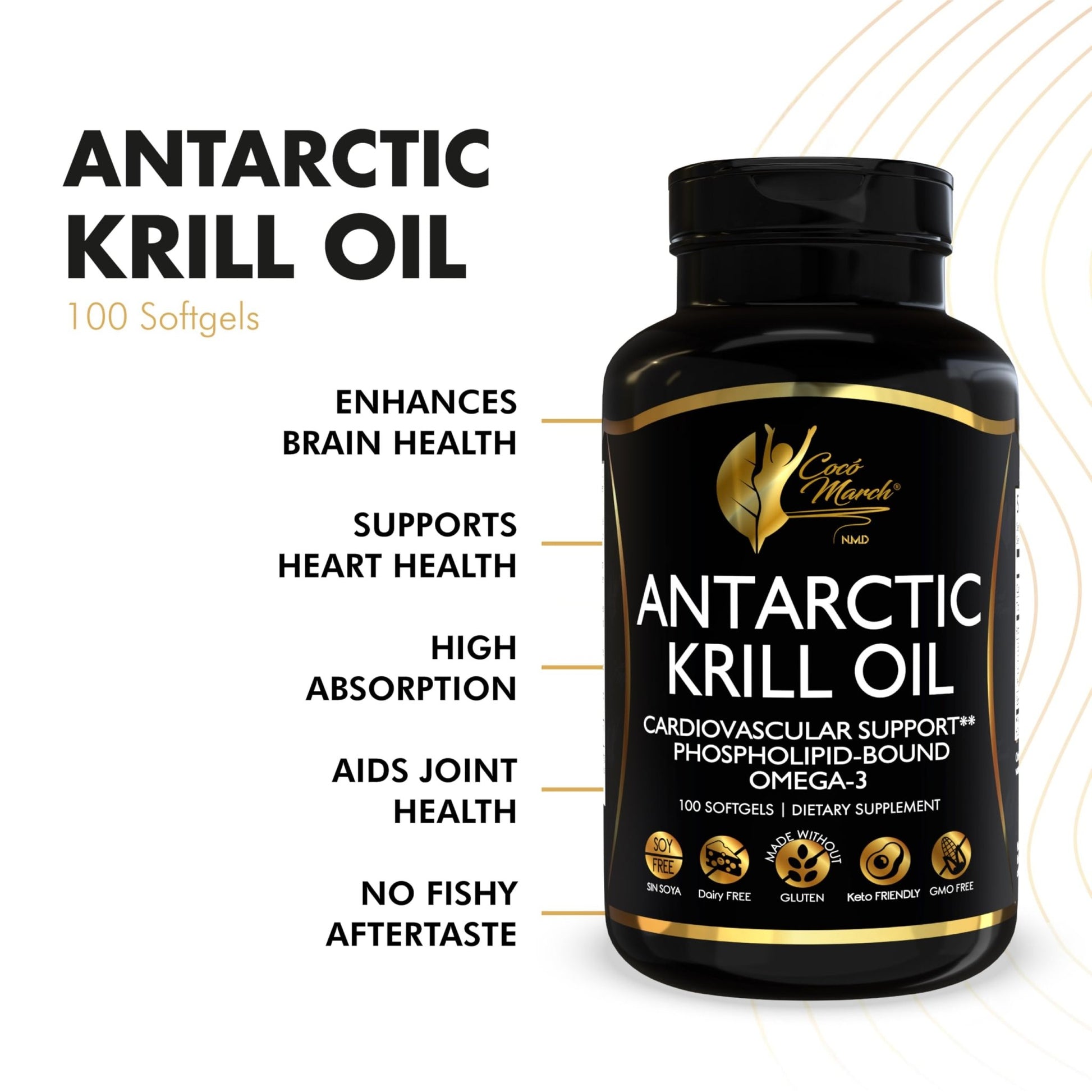 Cocó March N.M.D Pure Antarctic Krill Oil 1000mg – Omega 3 Fish Oil Supplement with EPA, DHA, Choline & Astaxanthin – Fast Absorption, Immune, Heart & Joint Support for Men & Women – 100 Softgels - dailyvitalstore