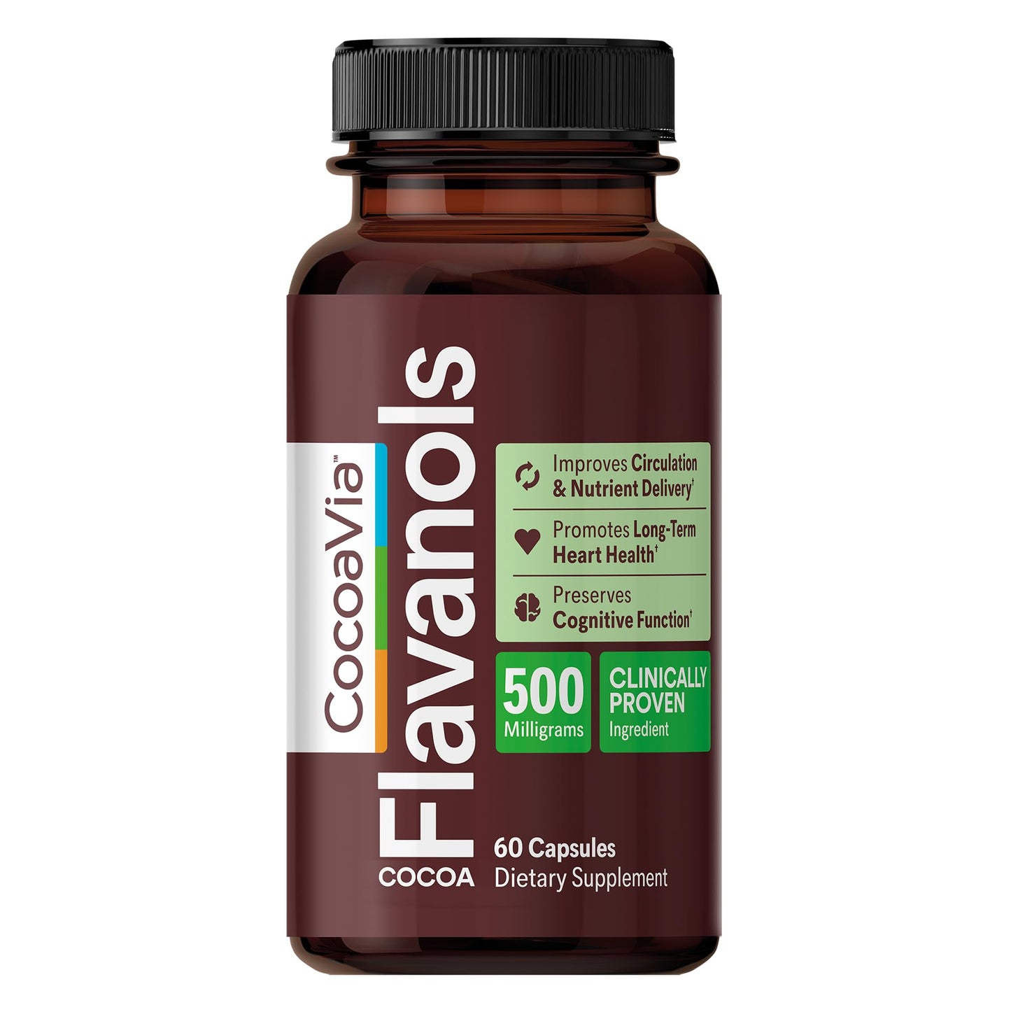 CocoaVia Cocoa Flavanols 500mg – Heart & Brain Support Supplement, High Flavanol Cocoa, Blood Circulation & Memory Booster, Nitric Oxide, Energy & Oxygen Boost, Vegan, Gluten-Free, 60 Capsules - dailyvitalstore