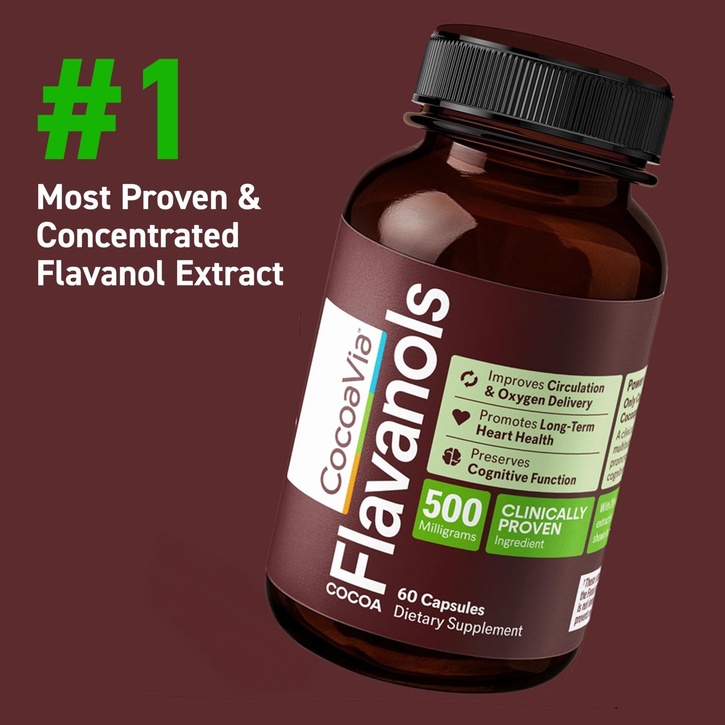 CocoaVia Cocoa Flavanols 500mg – Heart & Brain Support Supplement, High Flavanol Cocoa, Blood Circulation & Memory Booster, Nitric Oxide, Energy & Oxygen Boost, Vegan, Gluten-Free, 60 Capsules - dailyvitalstore