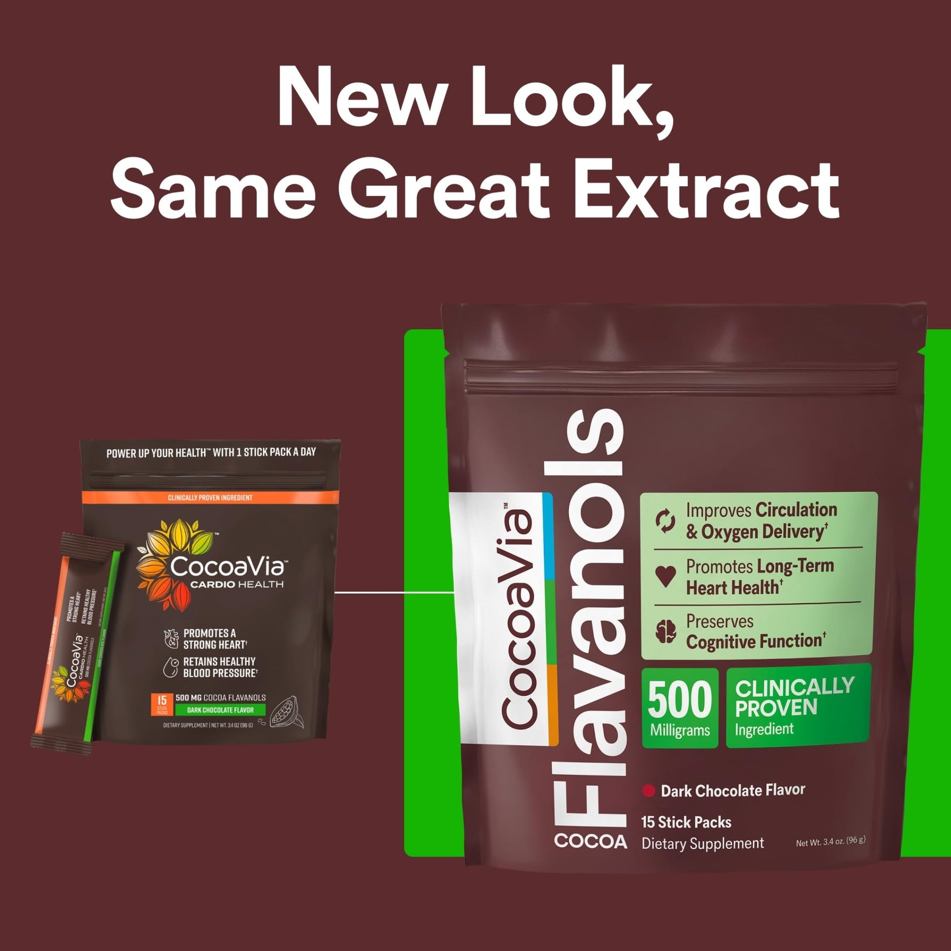 CocoaVia Cocoa Flavanols 500mg, High Flavanol Cocoa Powder, Support Heart and Brain Health, Boosts Nitric Oxide, Circulation, Preworkout, Travel-Friendly, Vegan, Dark Chocolate, 15 Single Serve Sticks - dailyvitalstore