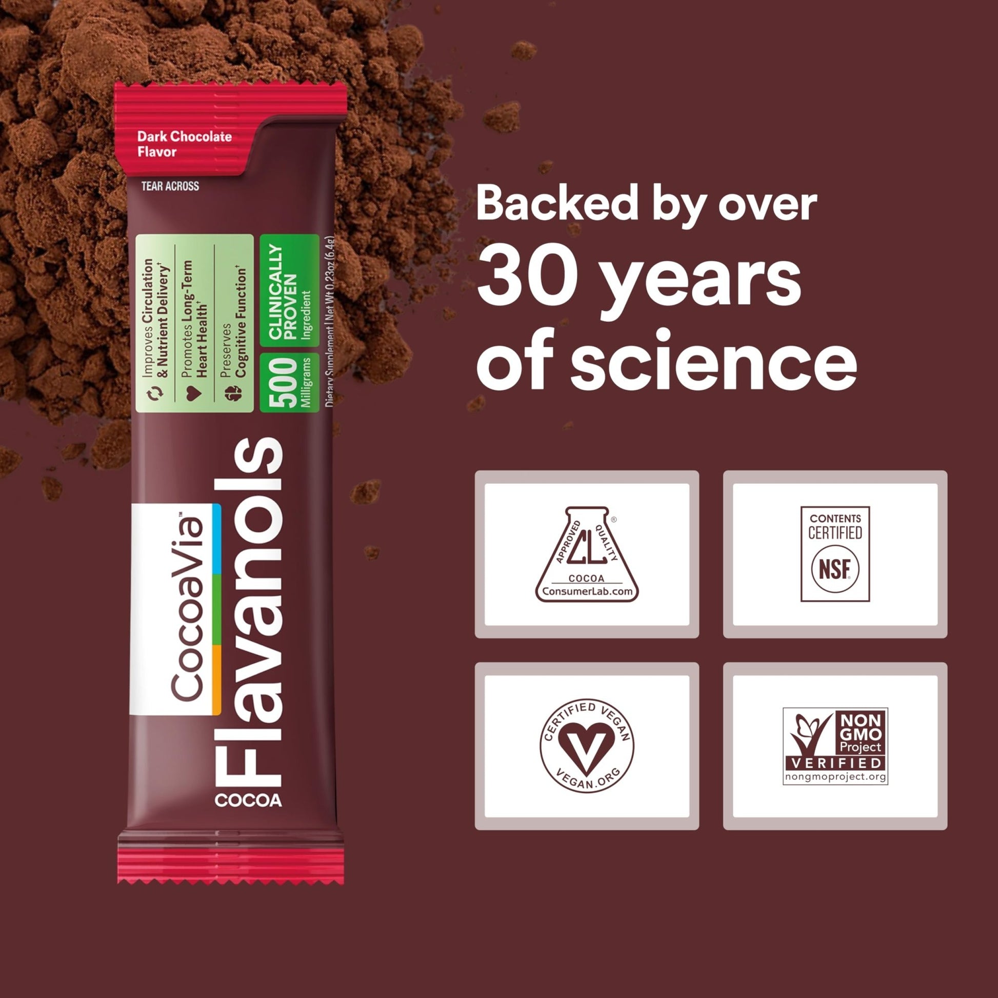 CocoaVia Cocoa Flavanols 500mg, High Flavanol Cocoa Powder, Support Heart and Brain Health, Boosts Nitric Oxide, Circulation, Preworkout, Travel-Friendly, Vegan, Dark Chocolate, 15 Single Serve Sticks - dailyvitalstore