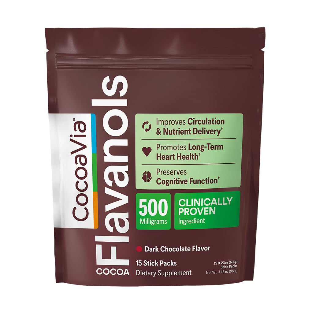 CocoaVia Cocoa Flavanols 500mg, High Flavanol Cocoa Powder, Support Heart and Brain Health, Boosts Nitric Oxide, Circulation, Preworkout, Travel-Friendly, Vegan, Dark Chocolate, 15 Single Serve Sticks - dailyvitalstore