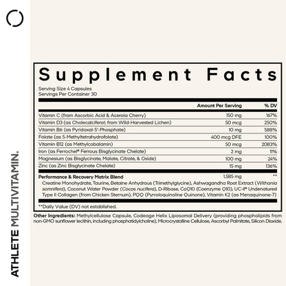 Codeage Athlete Multivitamin Platinum – Sports Supplement with Vitamins & Minerals, Folate, Iron & Magnesium, Creatine, Taurine, Electrolytes, CoQ10, PQQ, UC-II Collagen – Non-GMO – 120 Capsules - dailyvitalstore