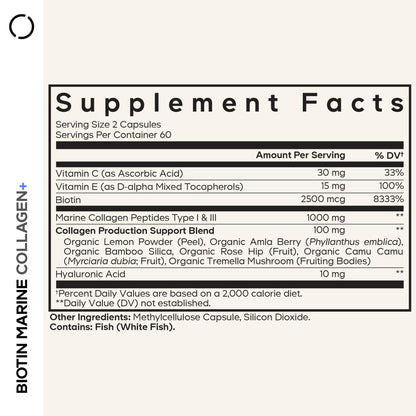 Codeage Biotin Marine Collagen Peptides - Wild-Caught Marine Collagen Types I & III, Biotin, Vitamins C & E, Hyaluronic Acid, Amino Acids, Fruit and Herb Blend, Non-GMO - 120 Capsules - dailyvitalstore
