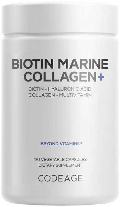 Codeage Biotin Marine Collagen Peptides - Wild-Caught Marine Collagen Types I & III, Biotin, Vitamins C & E, Hyaluronic Acid, Amino Acids, Fruit and Herb Blend, Non-GMO - 120 Capsules - dailyvitalstore