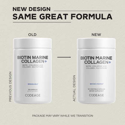 Codeage Biotin Marine Collagen Peptides - Wild-Caught Marine Collagen Types I & III, Biotin, Vitamins C & E, Hyaluronic Acid, Amino Acids, Fruit and Herb Blend, Non-GMO - 120 Capsules - dailyvitalstore
