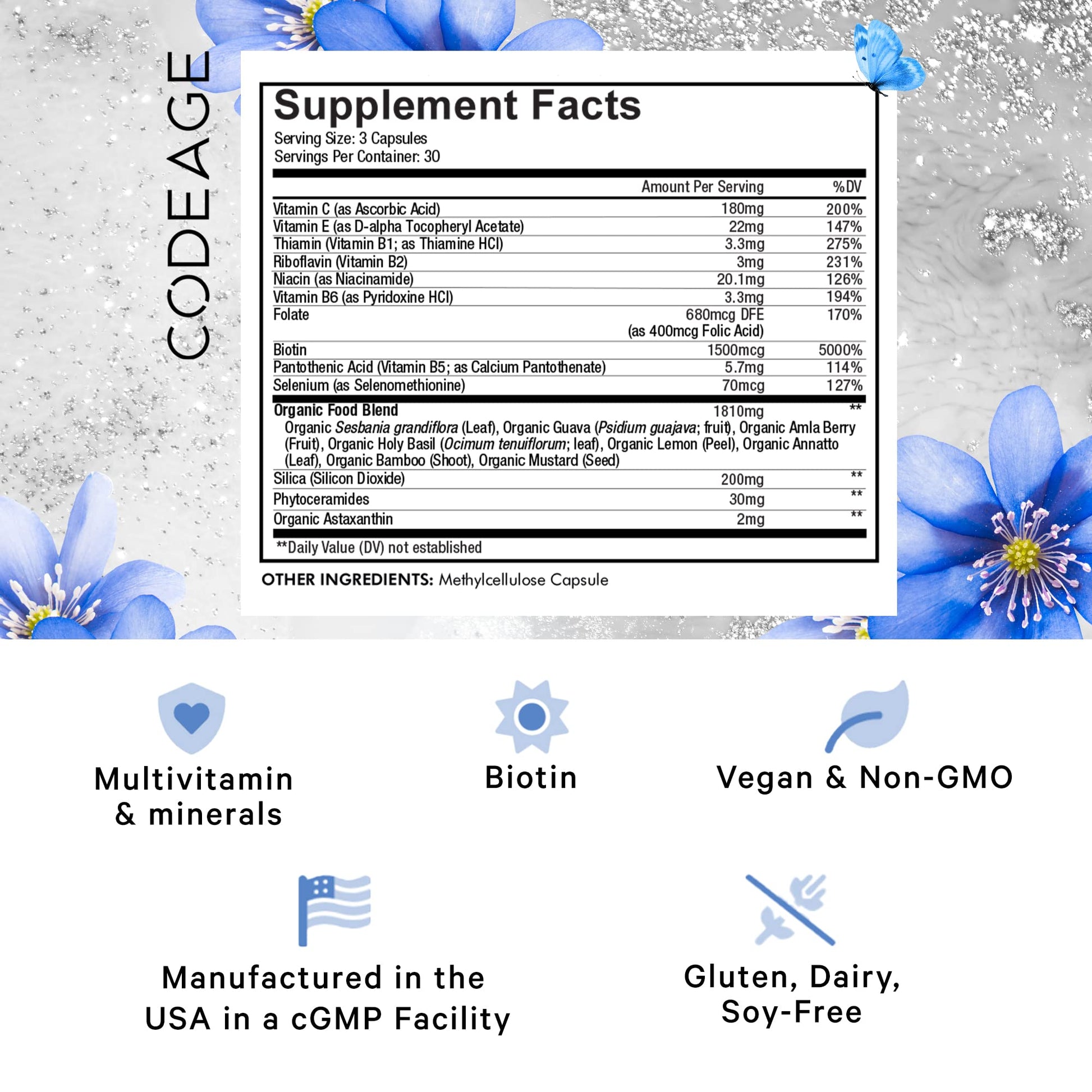 Codeage Biotin Supplement with Vitamin C, Vitamin E, Vitamin B6, Niacin, Folate, Organic Food Blend, Phytoceramides, Astaxanthin, Selenium - Beauty Tonic - Hair, Skin, and Nail Support - Vegan, 90 Ct - dailyvitalstore
