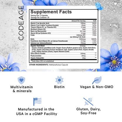 Codeage Biotin Supplement with Vitamin C, Vitamin E, Vitamin B6, Niacin, Folate, Organic Food Blend, Phytoceramides, Astaxanthin, Selenium - Beauty Tonic - Hair, Skin, and Nail Support - Vegan, 90 Ct - dailyvitalstore