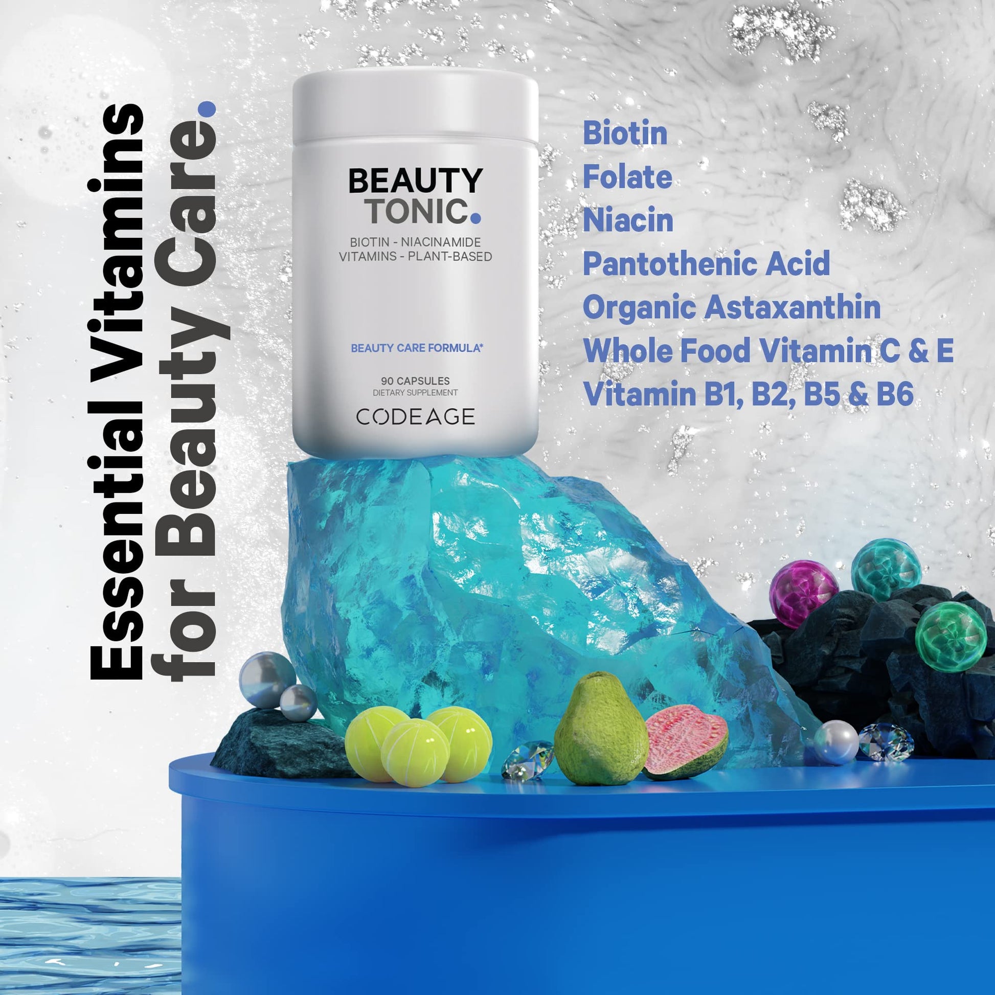 Codeage Biotin Supplement with Vitamin C, Vitamin E, Vitamin B6, Niacin, Folate, Organic Food Blend, Phytoceramides, Astaxanthin, Selenium - Beauty Tonic - Hair, Skin, and Nail Support - Vegan, 90 Ct - dailyvitalstore