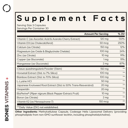 Codeage Bones Vitamins+ - Vitamin D3 & K2, Vitamin C, Calcium, Magnesium, Zinc, Hesperidin, L-Lysine, Manganese, Bamboo, Horsetail, Cissus, Boron, Trans-Resveratrol, Non-GMO Supplement - 90 Capsules - dailyvitalstore