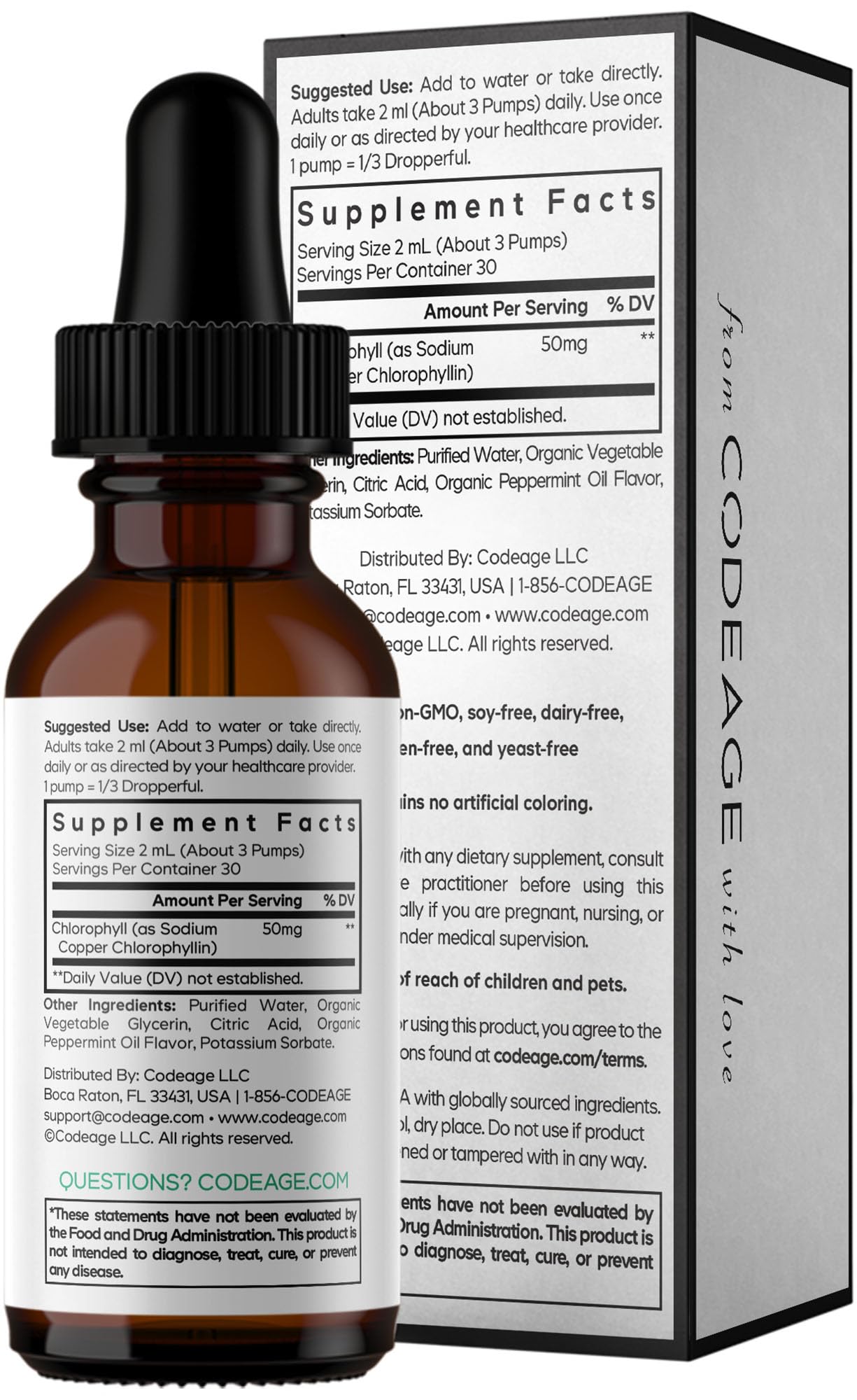 Codeage Chlorophyll Liquid Drops Supplement - Vegan Chlorophyll 50 mg per Serving, Organic Peppermint Flavor Clorofila Drink - Non-GMO, Gluten-Free, Vegan - 2 fl oz - dailyvitalstore