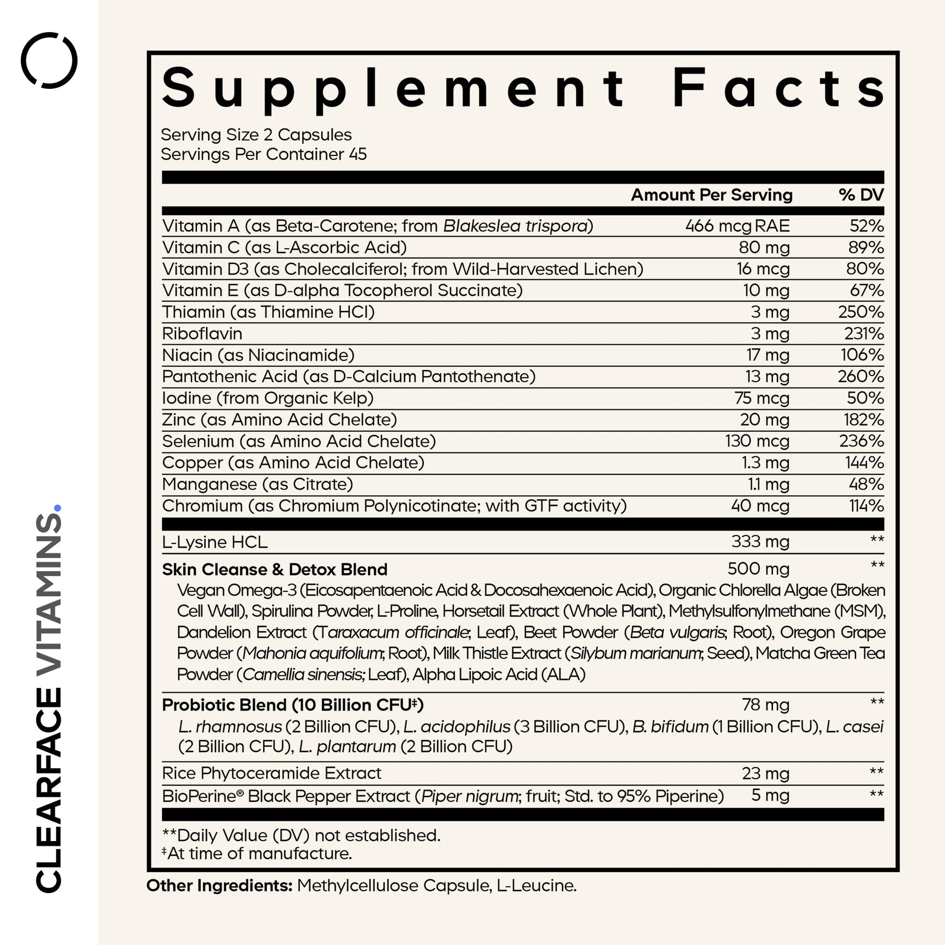 Codeage Clearface Pantothenic Acid, Niacin Supplement, Vitamins A, C, D3, E, Probiotics, Zinc, Riboflavin, Thiamin, L-Lysine HCL & Omega-3, Niacinamide, Skin Botanical Blend - Non-GMO - 90 Capsules - dailyvitalstore