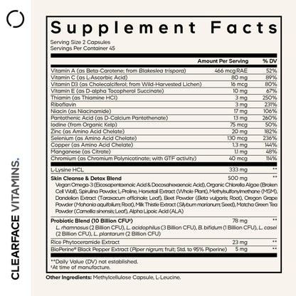 Codeage Clearface Pantothenic Acid, Niacin Supplement, Vitamins A, C, D3, E, Probiotics, Zinc, Riboflavin, Thiamin, L-Lysine HCL & Omega-3, Niacinamide, Skin Botanical Blend - Non-GMO - 90 Capsules - dailyvitalstore