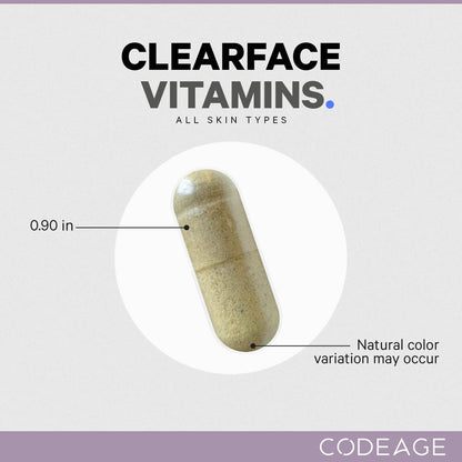 Codeage Clearface Pantothenic Acid, Niacin Supplement, Vitamins A, C, D3, E, Probiotics, Zinc, Riboflavin, Thiamin, L-Lysine HCL & Omega-3, Niacinamide, Skin Botanical Blend - Non-GMO - 90 Capsules - dailyvitalstore
