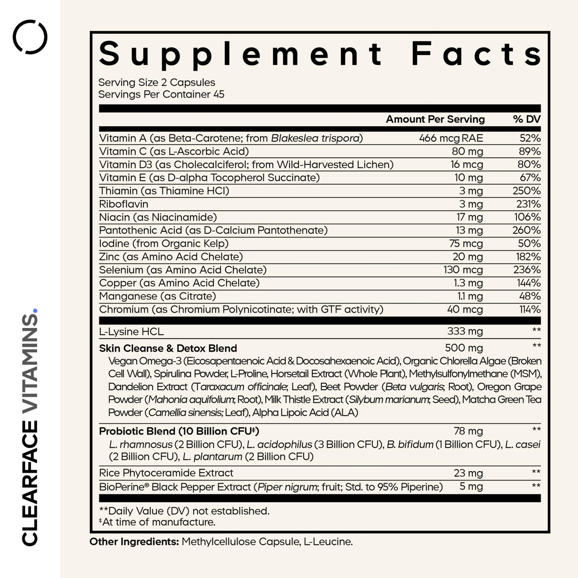 Codeage Clearface Pantothenic Acid, Niacin Supplement, Vitamins A, C, D3, E, Probiotics, Zinc, Riboflavin, Thiamin, L-Lysine HCL & Omega-3, Niacinamide, Skin Botanical Blend - Non-GMO - 90 Capsules - dailyvitalstore