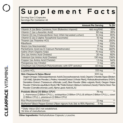 Codeage Clearface Pantothenic Acid, Niacin Supplement, Vitamins A, C, D3, E, Probiotics, Zinc, Riboflavin, Thiamin, L-Lysine HCL & Omega-3, Niacinamide, Skin Botanical Blend - Non-GMO - 90 Capsules - dailyvitalstore