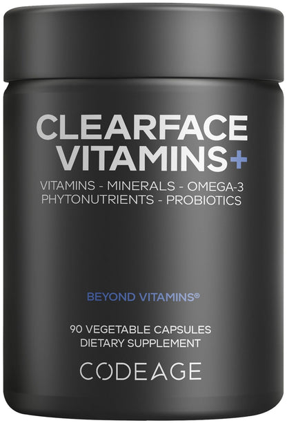 Codeage Clearface Pantothenic Acid, Niacin Supplement, Vitamins A, C, D3, E, Probiotics, Zinc, Riboflavin, Thiamin, L-Lysine HCL & Omega-3, Niacinamide, Skin Botanical Blend - Non-GMO - 90 Capsules - dailyvitalstore