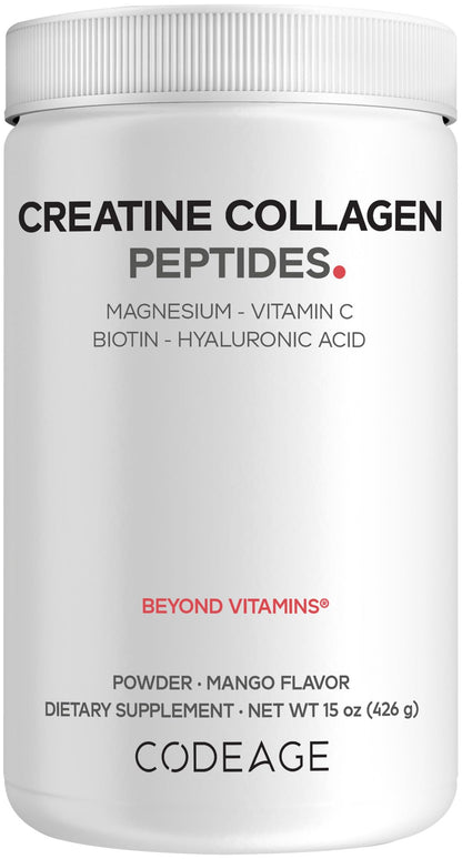 Codeage Creatine Collagen Peptides - Creatine Monohydrate Powder Supplement, Wild-Caught Marine Collagen, Biotin, Magnesium, Vitamin C, Hyaluronic Acid - Mango Flavored - Non-GMO - 15 Oz - dailyvitalstore