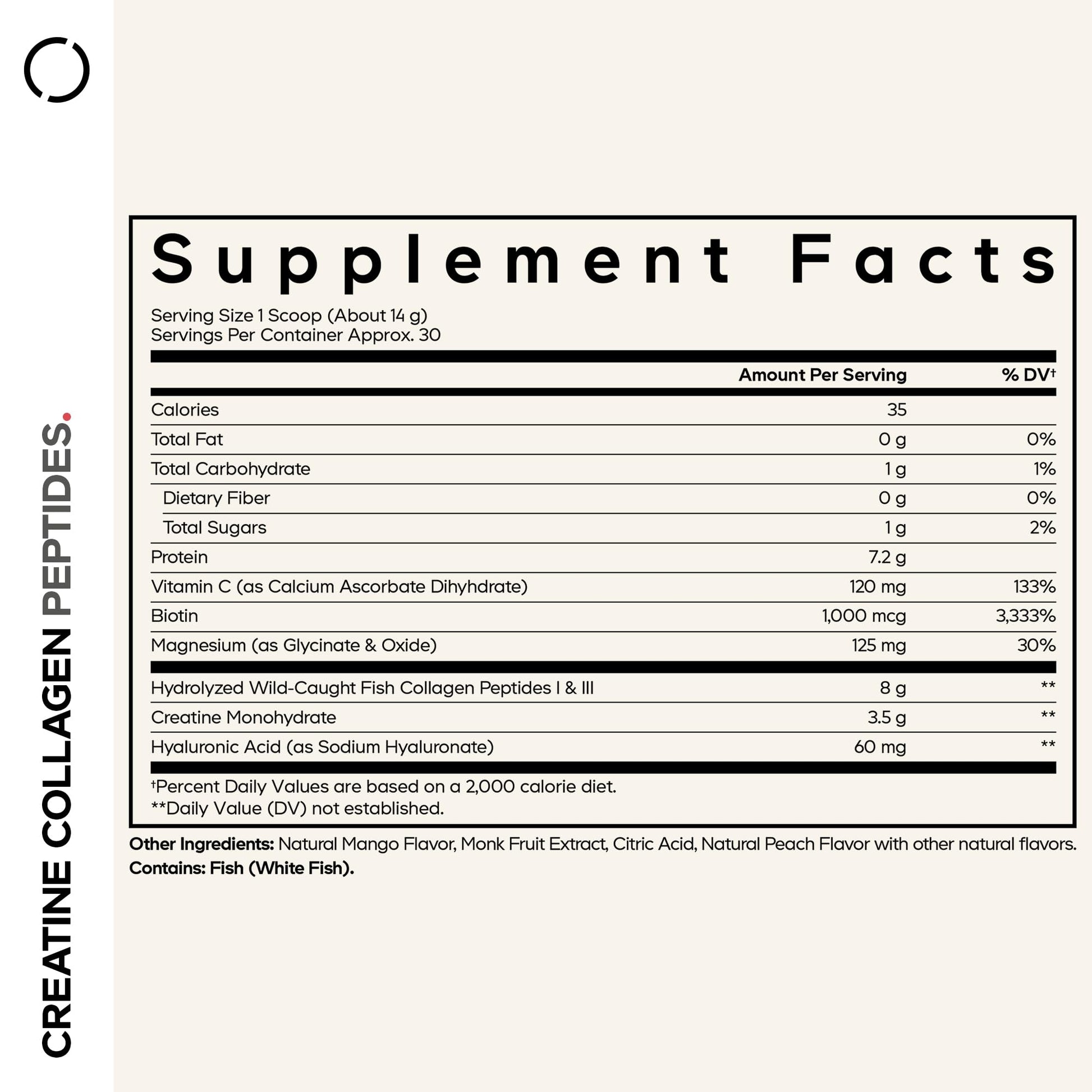 Codeage Creatine Collagen Peptides - Creatine Monohydrate Powder Supplement, Wild-Caught Marine Collagen, Biotin, Magnesium, Vitamin C, Hyaluronic Acid - Mango Flavored - Non-GMO - 15 Oz - dailyvitalstore