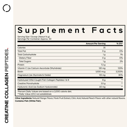 Codeage Creatine Collagen Peptides - Creatine Monohydrate Powder Supplement, Wild-Caught Marine Collagen, Biotin, Magnesium, Vitamin C, Hyaluronic Acid - Mango Flavored - Non-GMO - 15 Oz - dailyvitalstore