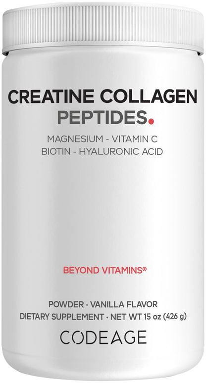 Codeage Creatine Collagen Peptides - Creatine Monohydrate Powder Supplement, Wild-Caught Marine Collagen, Biotin, Magnesium, Vitamin C, Hyaluronic Acid - Vanilla Flavored - Non-GMO - 15 Oz - dailyvitalstore