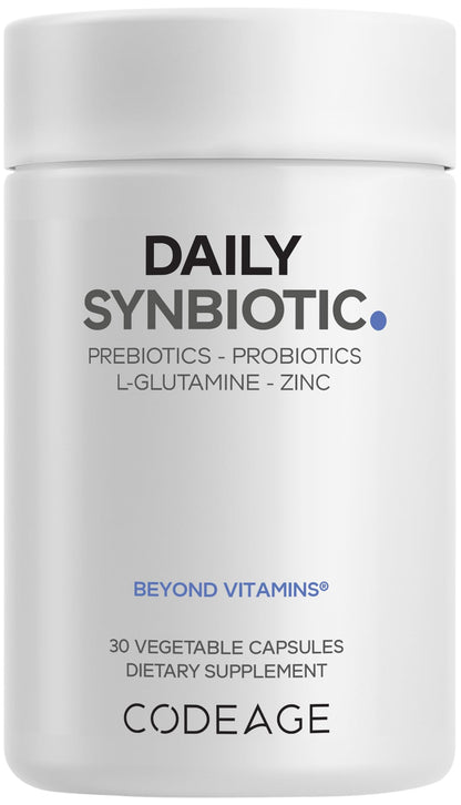 Codeage Daily Synbiotic Supplement - Prebiotics, Lactobacillus & Bifidobacterium Probiotics, L-Glutamine, Zinc L-Carnosine, DGL, Synbiotic Probiotic, BioPerine - Shelf-Stable - 30 Capsules - dailyvitalstore