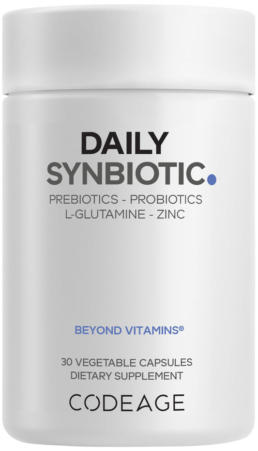 Codeage Daily Synbiotic Supplement - Prebiotics, Lactobacillus & Bifidobacterium Probiotics, L-Glutamine, Zinc L-Carnosine, DGL, Synbiotic Probiotic, BioPerine - Shelf-Stable - 30 Capsules - dailyvitalstore