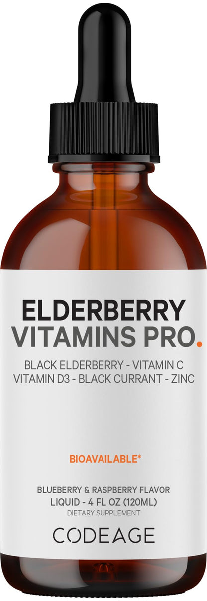 Codeage Elderberry Vitamins Pro - Organic Black Elderberry Liquid Drops - Vitamin C, D3, Zinc, Black Currant - 2-Month Supply - Black Sambucus Liquid - Supplement for Adults & Kids - 4 fl oz - dailyvitalstore