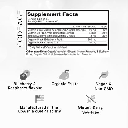 Codeage Elderberry Vitamins Pro - Organic Black Elderberry Liquid Drops - Vitamin C, D3, Zinc, Black Currant - 2-Month Supply - Black Sambucus Liquid - Supplement for Adults & Kids - 4 fl oz - dailyvitalstore