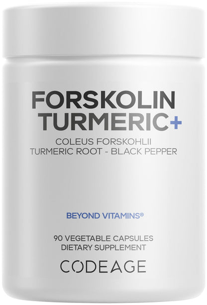 Codeage Forskolin, Pure Forskolin Coleus + Organic Turmeric Root Powder, 95% Curcuminoids + Bioperine Black Pepper - 20% Standardized Coleus Forskohlii Supplement - Non-GMO - 90 Capsules - dailyvitalstore