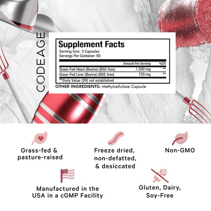Codeage Grass Fed Beef Heart Supplement - Freeze Dried, Non-Defatted, Desiccated Glandular Supplements - Bovine Meat & Liver Pills - Beef Vitamins for Heart - Non-GMO -180 Capsules - dailyvitalstore