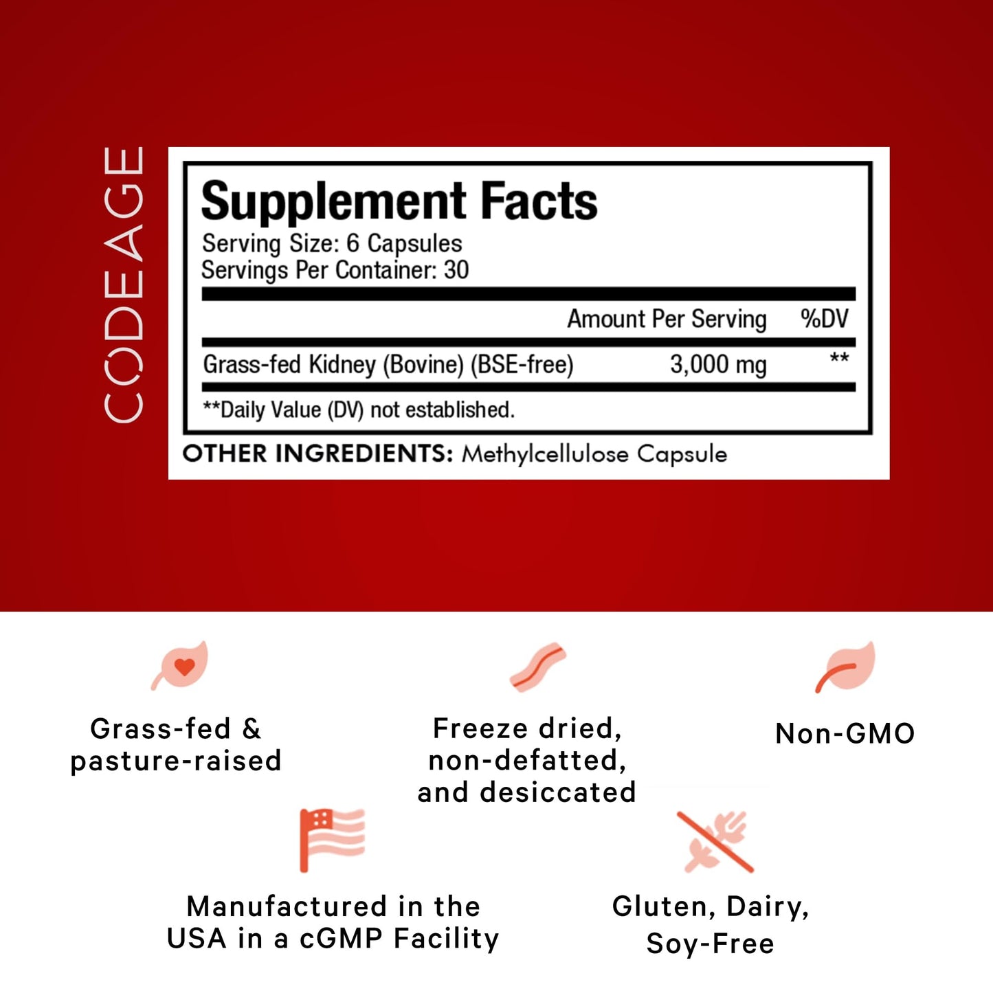 Codeage Grass Fed Beef Kidney Supplement - Freeze Dried, Non-Defatted, Desiccated Glandulars Nutrition Bovine Pills – Pasture Raised Beef Vitamins - Non-GMO -180 Capsules - dailyvitalstore