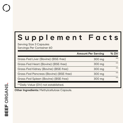 Codeage Grass Fed Beef Organs Supplement – Glandulars Supplements - Freeze Dried, Non-Defatted, Desiccated Liver, Heart, Kidney, Pancreas & Spleen Bovine Pills – Beef Vitamins - Non-GMO -180 Capsules - dailyvitalstore