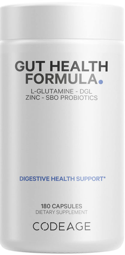 Codeage Gut Health Supplements Vegan Formula - L Glutamine, Zinc, Turkey Tail Mushroom Powder, Tonic Mushroom, Maitake, Micro Algae, Mineral, Licorice Root DGL - Probiotics, Prebiotics - 180 Capsules - dailyvitalstore