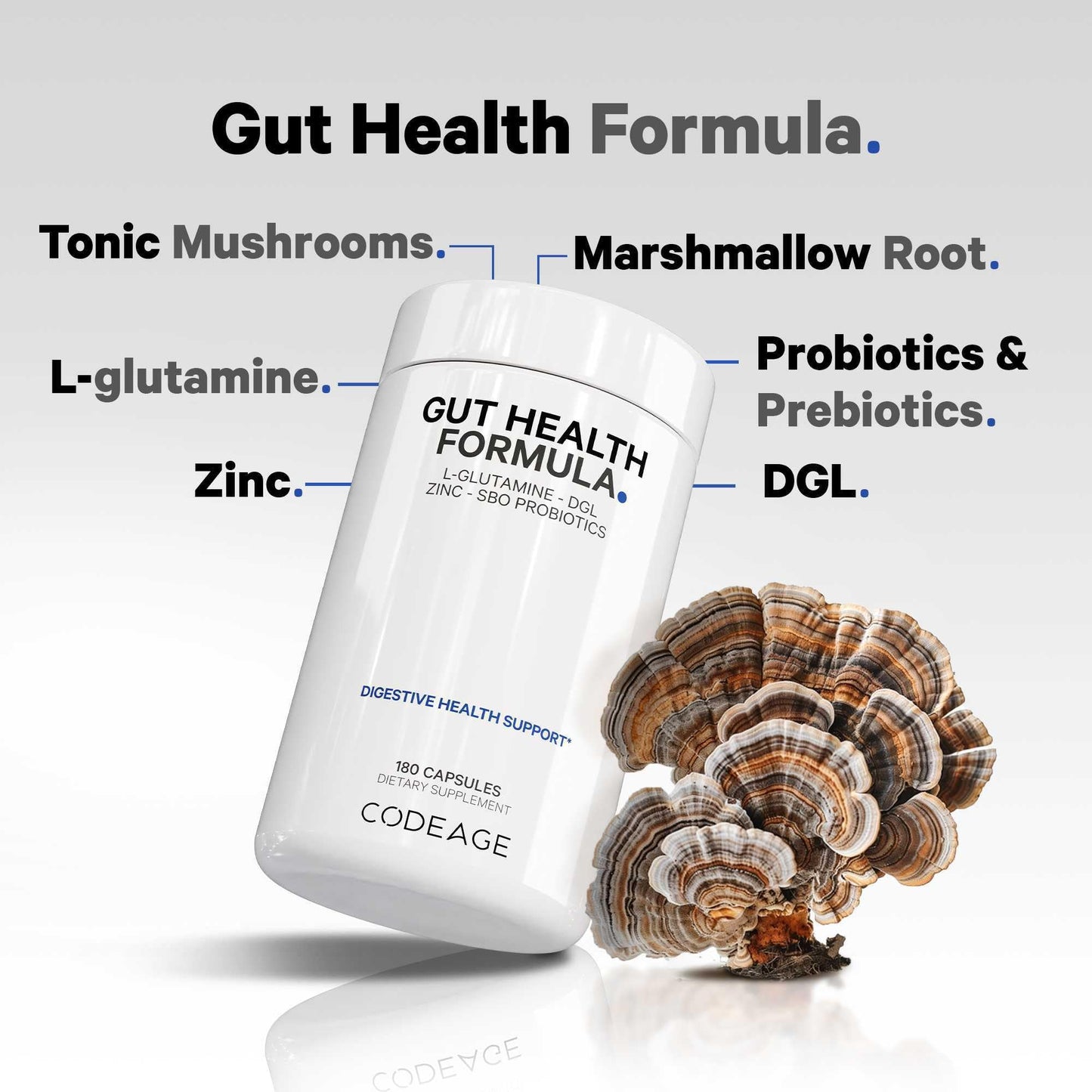 Codeage Gut Health Supplements Vegan Formula - L Glutamine, Zinc, Turkey Tail Mushroom Powder, Tonic Mushroom, Maitake, Micro Algae, Mineral, Licorice Root DGL - Probiotics, Prebiotics - 180 Capsules - dailyvitalstore