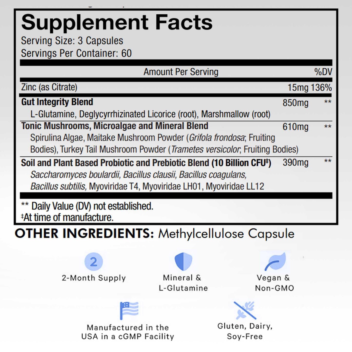 Codeage Gut Health Supplements Vegan Formula - L Glutamine, Zinc, Turkey Tail Mushroom Powder, Tonic Mushroom, Maitake, Micro Algae, Mineral, Licorice Root DGL - Probiotics, Prebiotics - 180 Capsules - dailyvitalstore