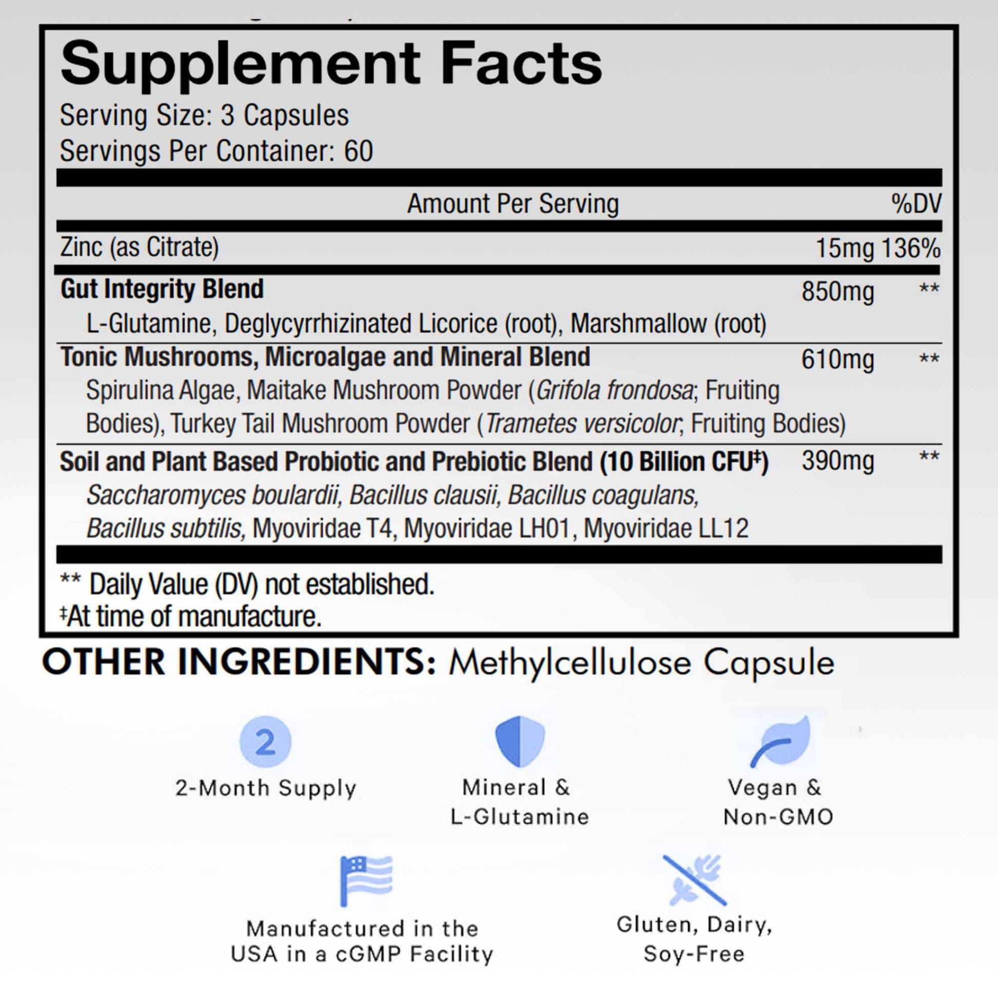 Codeage Gut Health Supplements Vegan Formula - L Glutamine, Zinc, Turkey Tail Mushroom Powder, Tonic Mushroom, Maitake, Micro Algae, Mineral, Licorice Root DGL - Probiotics, Prebiotics - 180 Capsules - dailyvitalstore