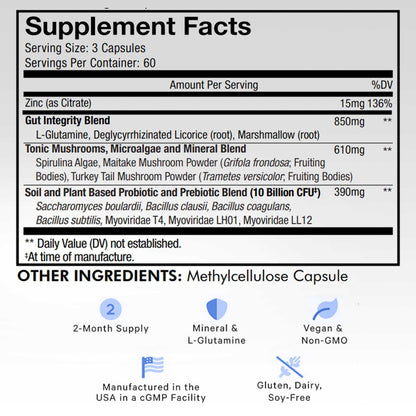 Codeage Gut Health Supplements Vegan Formula - L Glutamine, Zinc, Turkey Tail Mushroom Powder, Tonic Mushroom, Maitake, Micro Algae, Mineral, Licorice Root DGL - Probiotics, Prebiotics - 180 Capsules - dailyvitalstore
