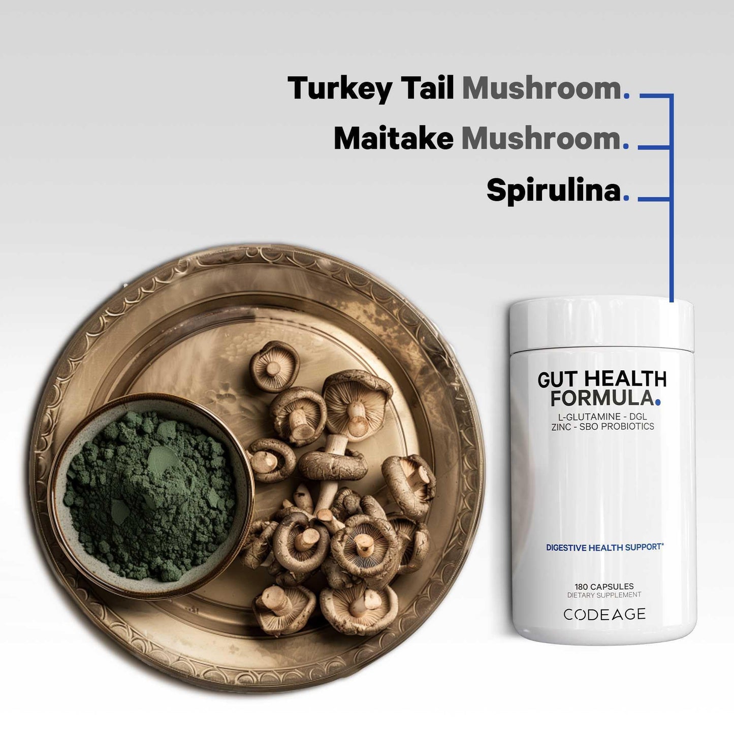 Codeage Gut Health Supplements Vegan Formula - L Glutamine, Zinc, Turkey Tail Mushroom Powder, Tonic Mushroom, Maitake, Micro Algae, Mineral, Licorice Root DGL - Probiotics, Prebiotics - 180 Capsules - dailyvitalstore