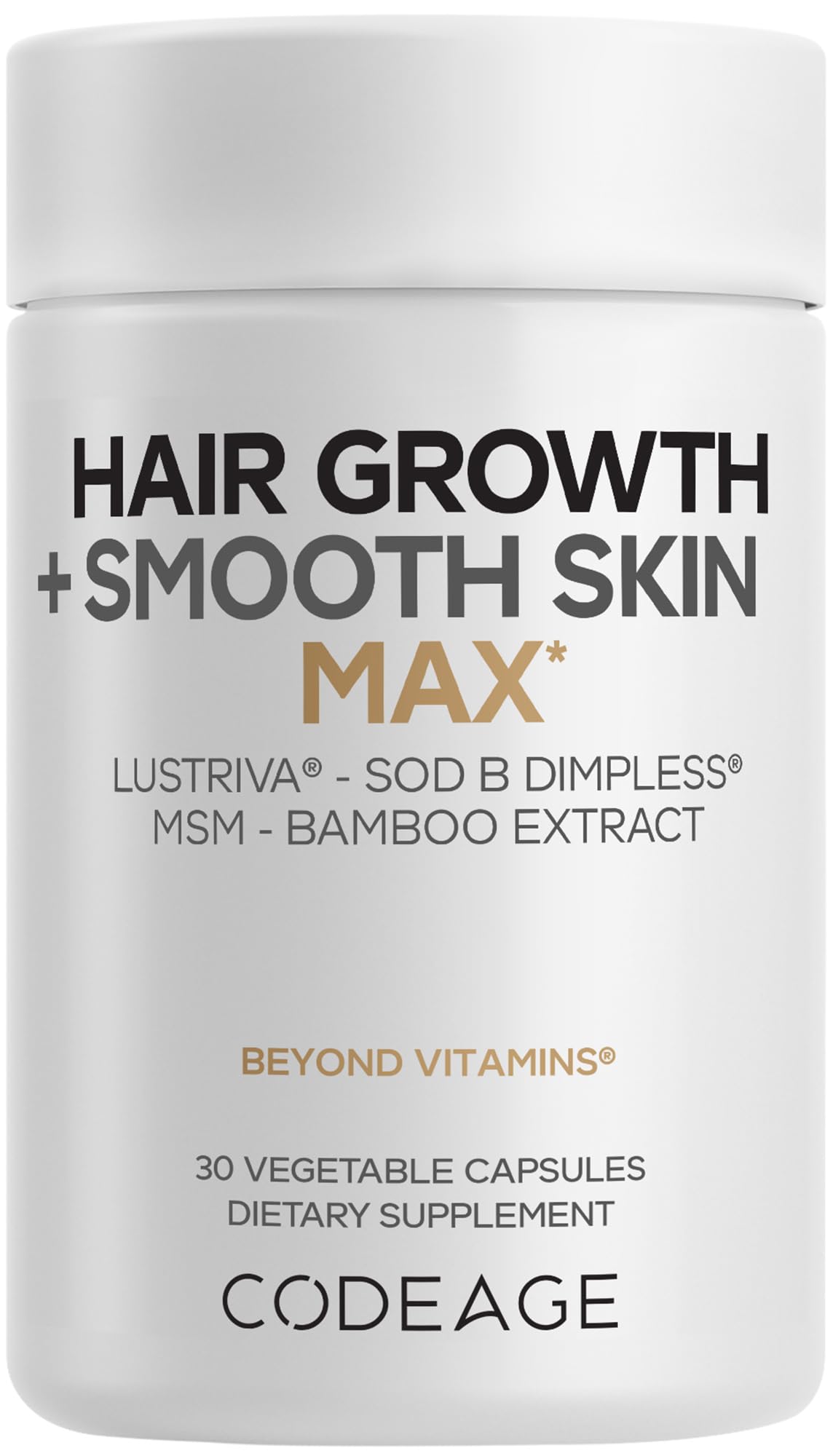 Codeage Hair Growth + Smooth Skin Max Vitamins Supplement - Patented Lustriva & SOD B Dimpless Superoxide Dismutase - Hair Growth Health Skin Cellulite Support - Biotin, Vitamin C, MSM - 30 Capsules - dailyvitalstore