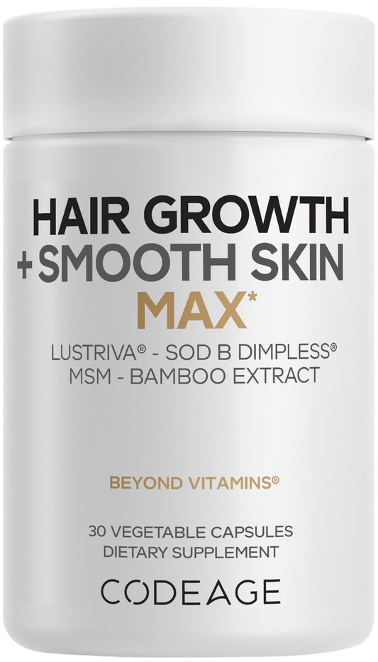 Codeage Hair Growth + Smooth Skin Max Vitamins Supplement - Patented Lustriva & SOD B Dimpless Superoxide Dismutase - Hair Growth Health Skin Cellulite Support - Biotin, Vitamin C, MSM - 30 Capsules - dailyvitalstore