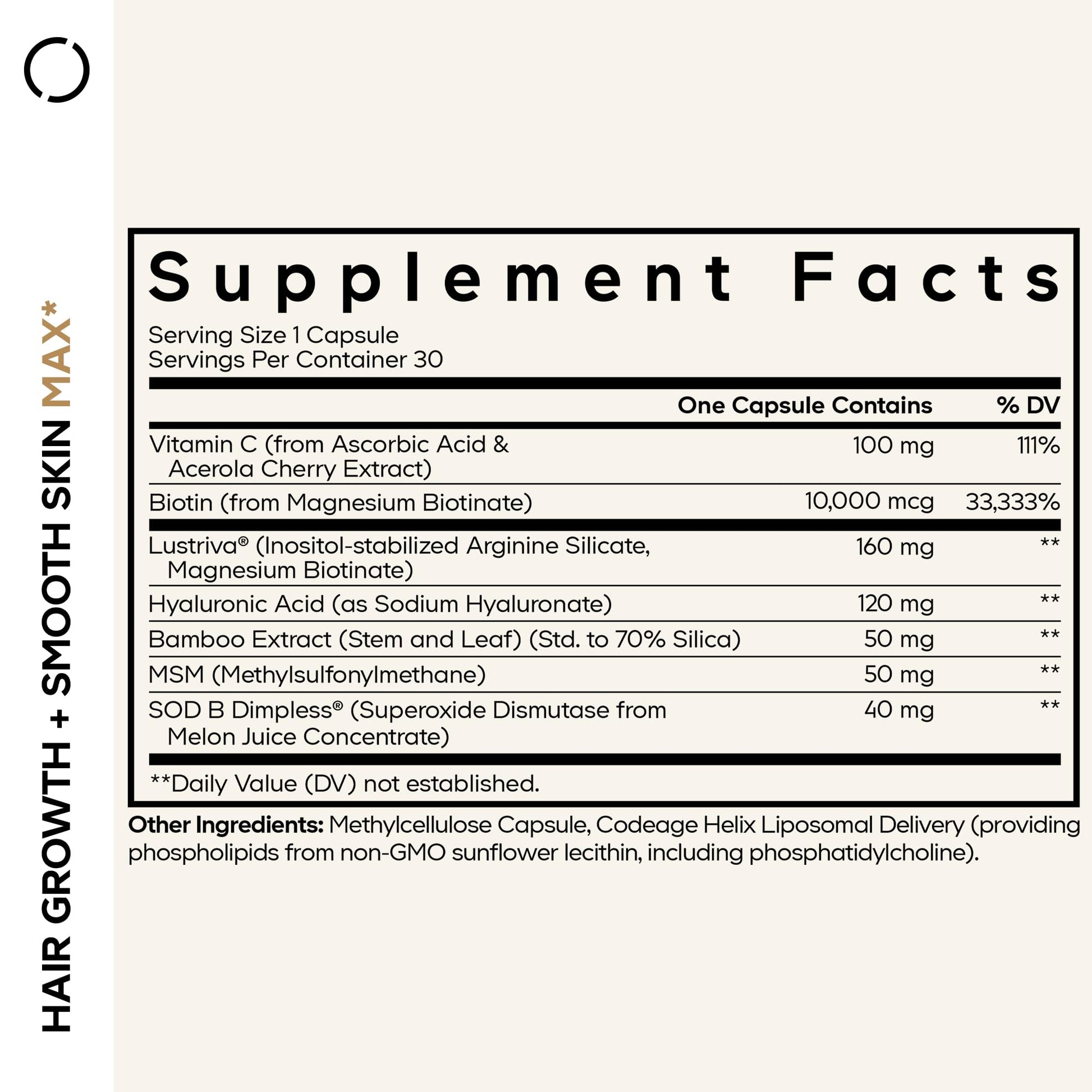 Codeage Hair Growth + Smooth Skin Max Vitamins Supplement - Patented Lustriva & SOD B Dimpless Superoxide Dismutase - Hair Growth Health Skin Cellulite Support - Biotin, Vitamin C, MSM - 30 Capsules - dailyvitalstore