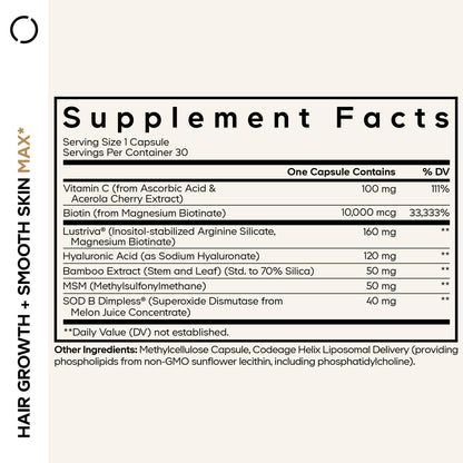Codeage Hair Growth + Smooth Skin Max Vitamins Supplement - Patented Lustriva & SOD B Dimpless Superoxide Dismutase - Hair Growth Health Skin Cellulite Support - Biotin, Vitamin C, MSM - 30 Capsules - dailyvitalstore