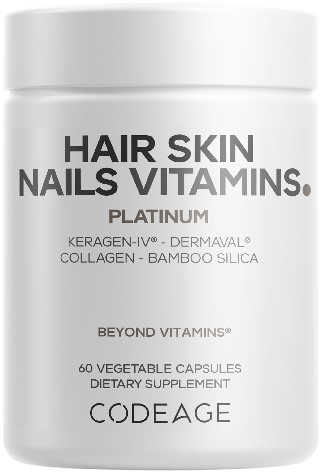 Codeage Hair Skin Nails Vitamins Platinum - KeraGEN-IV Keratin, Dermaval - Hair Fall, Skin Elasticity & Moisture Support - Biotin 5000, Collagen, Vitamin C, Coffeeberry, PABA Supplement - 60 Capsules - dailyvitalstore