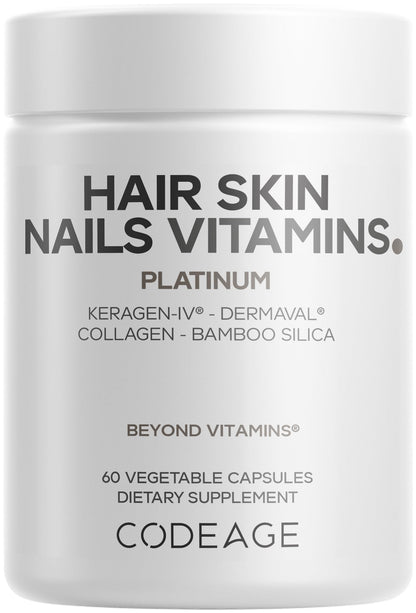 Codeage Hair Skin Nails Vitamins Platinum - KeraGEN-IV Keratin, Dermaval - Hair Fall, Skin Elasticity & Moisture Support - Biotin 5000, Collagen, Vitamin C, Coffeeberry, PABA Supplement - 60 Capsules - dailyvitalstore