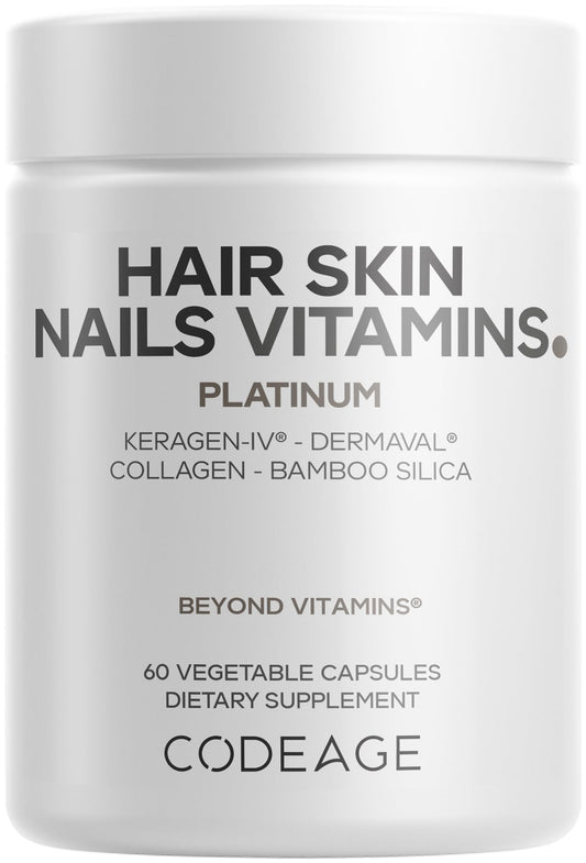 Codeage Hair Skin Nails Vitamins Platinum - KeraGEN-IV Keratin, Dermaval - Hair Fall, Skin Elasticity & Moisture Support - Biotin 5000, Collagen, Vitamin C, Coffeeberry, PABA Supplement - 60 Capsules - dailyvitalstore