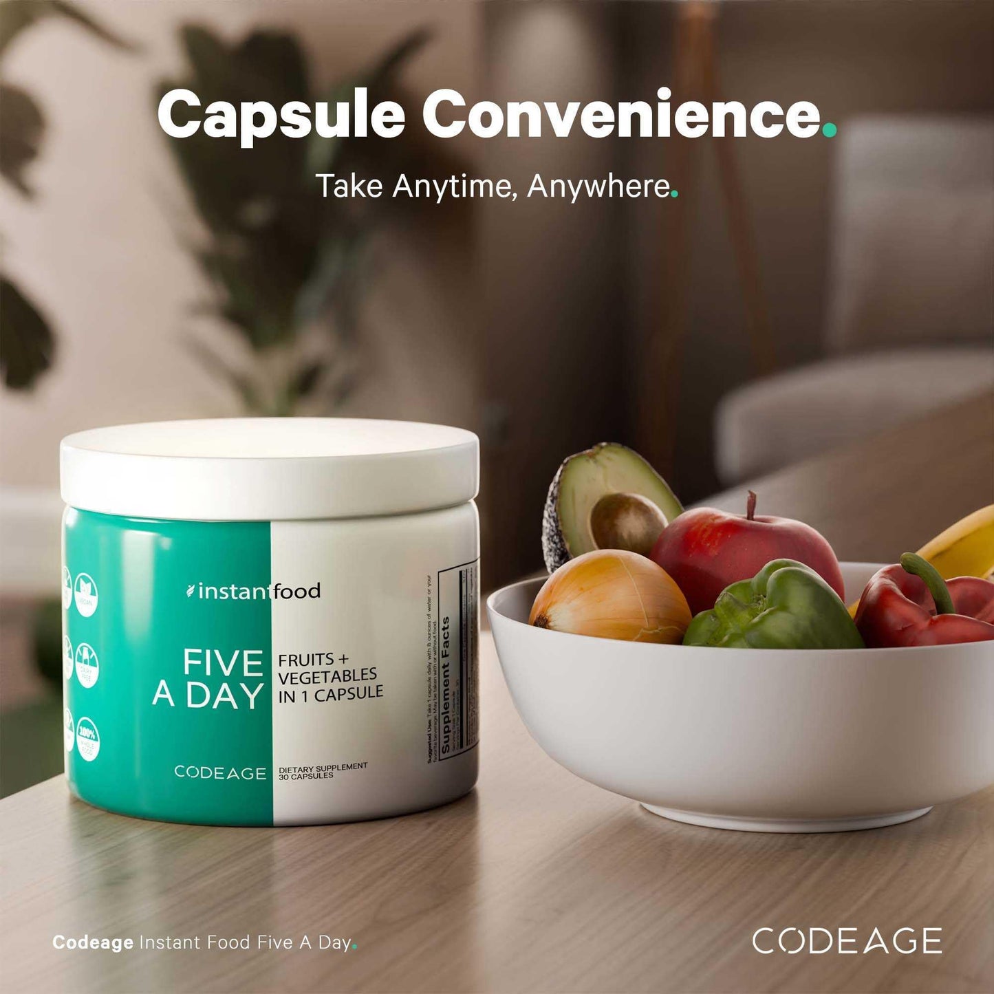 Codeage Instantfood Five A Day – Fruits & Vegetables Capsule Supplement – Whole Food Phytonutrients – 15 Fruits and Veggies Blend - Vegan, Non-GMO – 30 Capsules - dailyvitalstore