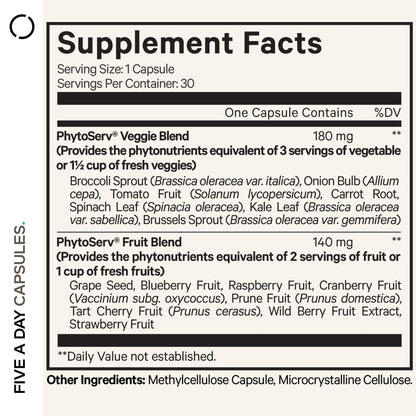 Codeage Instantfood Five A Day – Fruits & Vegetables Capsule Supplement – Whole Food Phytonutrients – 15 Fruits and Veggies Blend - Vegan, Non-GMO – 30 Capsules - dailyvitalstore
