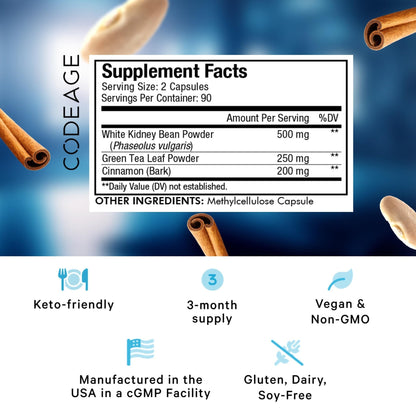 Codeage Keto Carb, White Kidney Bean, Green Tea & Cinnamon Bark Supplement, Triple Action Keto Cheat Vegan Pills, Ketogenic, Low Carb Diet Sugar, 3 Months Supply, Non-GMO, Gluten-Free, 180 Capsules - dailyvitalstore