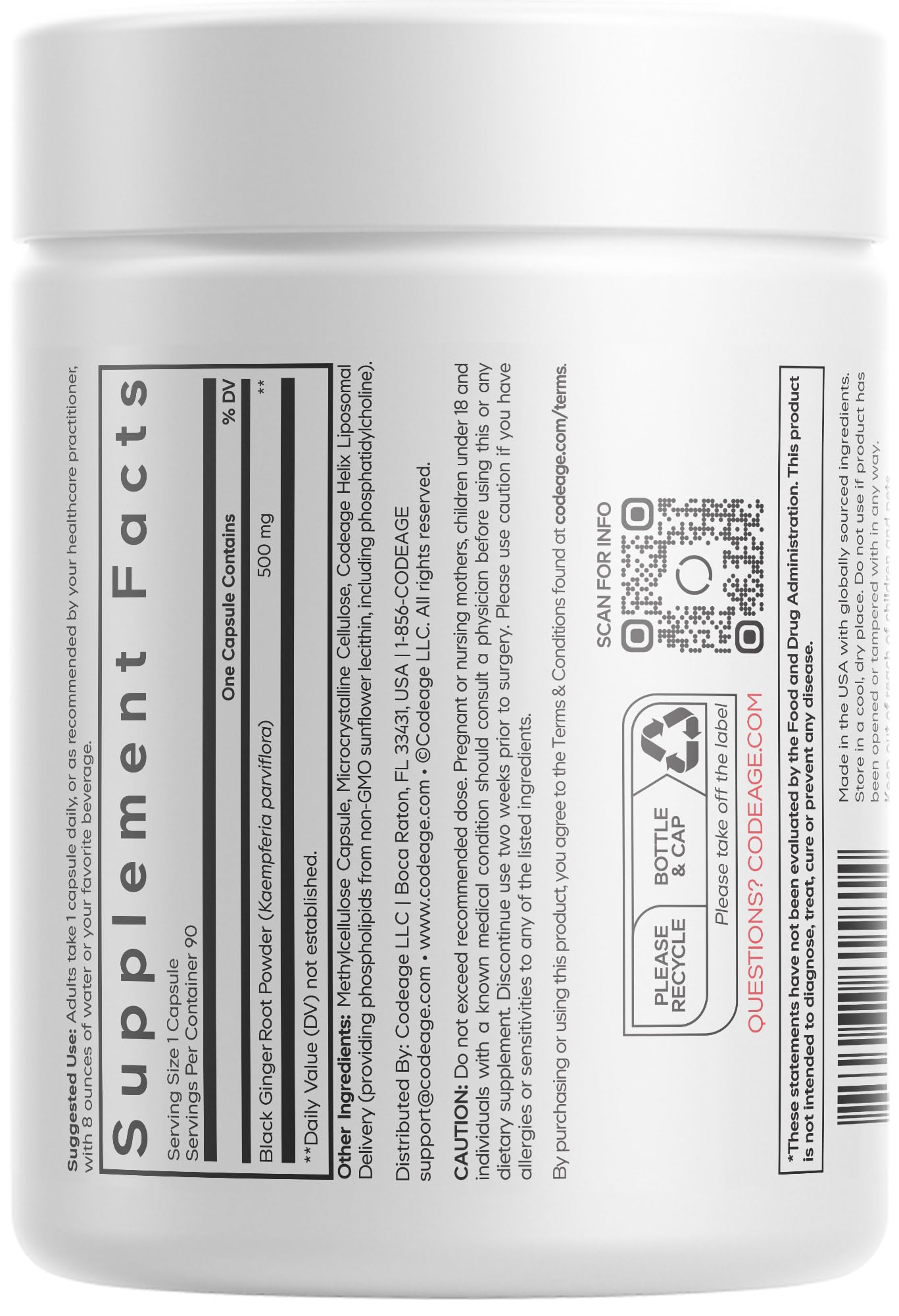 Codeage Liposomal Black Ginger Supplement - Kaempferia Parviflora Root Powder - 3-Month Supply - Ginger Root Pills and Herbal Root - Liposomal Delivery - 1 Capsule Per Serving - Non-GMO - 90 Capsules - dailyvitalstore